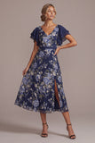 Robe midi midi marin marine à décolleté en V fleurie avec fente