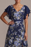 Robe midi midi marin marine à décolleté en V fleurie avec fente