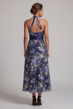 Robe midi midi fleurie bleu marine à col nu en ligne A