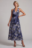 Robe midi midi fleurie bleu marine à col nu en ligne A