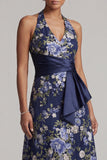 Robe midi midi fleurie bleu marine à col nu en ligne A