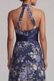 Robe midi midi fleurie bleu marine à col nu en ligne A