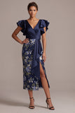 Robe de mère de la mariée à fentes bleu marine à fentes florales en V