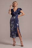 Robe de mère de la mariée à fentes bleu marine à fentes florales en V
