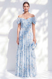Robe longue longue en chiffon en mousseline décollée bleue Mother Of the Bride