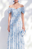 Robe longue longue en chiffon en mousseline décollée bleue Mother Of the Bride