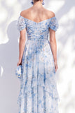 Robe longue longue en chiffon en mousseline décollée bleue Mother Of the Bride