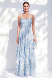 Robe Mère de la Mariée en chiffon bleu A-line à bretelles fines florales en chiffon