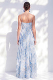 Robe Mère de la Mariée en chiffon bleu A-line à bretelles fines florales en chiffon