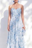 Robe Mère de la Mariée en chiffon bleu A-line à bretelles fines florales en chiffon