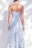 Robe Mère de la Mariée en chiffon bleu A-line à bretelles fines florales en chiffon