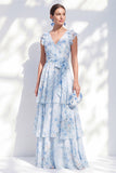 Robe longue longue maman de la mariée en mousseline A-line bleue à décolleté en V à volants et ceinture