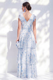 Robe longue longue maman de la mariée en mousseline A-line bleue à décolleté en V à volants et ceinture