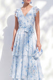 Robe longue longue maman de la mariée en mousseline A-line bleue à décolleté en V à volants et ceinture