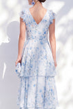 Robe longue longue maman de la mariée en mousseline A-line bleue à décolleté en V à volants et ceinture
