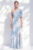Robe longue de la mère de la mariée à volants en mousseline sirène bleu sirène bleu à volants