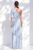 Robe longue de la mère de la mariée à volants en mousseline sirène bleu sirène bleu à volants