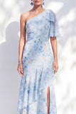 Robe longue de la mère de la mariée à volants en mousseline sirène bleu sirène bleu à volants
