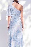 Robe longue de la mère de la mariée à volants en mousseline sirène bleu sirène bleu à volants