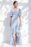 Robe de la mère de la mariée en chiffon chiffon bleu fleur en V à volants hauts et bas