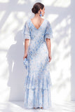 Robe de la mère de la mariée en chiffon chiffon bleu fleur en V à volants hauts et bas