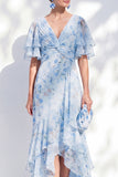 Robe de la mère de la mariée en chiffon chiffon bleu fleur en V à volants hauts et bas