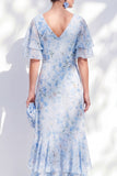 Robe de la mère de la mariée en chiffon chiffon bleu fleur en V à volants hauts et bas