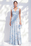 Robe de la mère de la mariée longue en chiffon bleu chiffon fleur à col en V longue, fendue