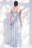 Robe de la mère de la mariée longue en chiffon bleu chiffon fleur à col en V longue, fendue