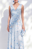 Robe de la mère de la mariée longue en chiffon bleu chiffon fleur à col en V longue, fendue