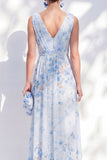 Robe de la mère de la mariée longue en chiffon bleu chiffon fleur à col en V longue, fendue
