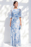 Sirène bleu clair chiffon floral à volants, col bateau à volants, longue robe de mère de la mariée