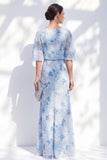 Sirène bleu clair chiffon floral à volants, col bateau à volants, longue robe de mère de la mariée