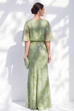 Sirène en chiffon vert sauge à fleurs à volants, col bateau à volants, longue robe de la mère de la mariée