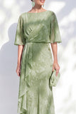 Sirène en chiffon vert sauge à fleurs à volants, col bateau à volants, longue robe de la mère de la mariée