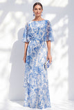 Robe de la mère de la mariée à long volant fleur bleue sirène en chiffon chiffon