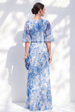 Robe de la mère de la mariée à long volant fleur bleue sirène en chiffon chiffon