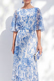 Robe de la mère de la mariée à long volant fleur bleue sirène en chiffon chiffon