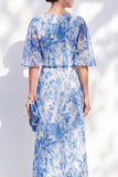 Robe de la mère de la mariée à long volant fleur bleue sirène en chiffon chiffon