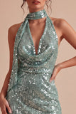 Robe cocktail mini paillettes vert clair à col nu moulant