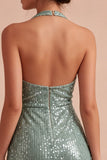 Robe cocktail mini paillettes vert clair à col nu moulant