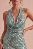 Robe cocktail mini paillettes vert clair à col nu moulant