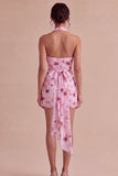 Robe mini cocktail en mousseline moulante à col fleuri rose et nœud