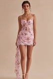 Corset fleuri rose Mini robe cocktail en chiffon moulant avec ceinture