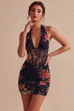 Mini robe cocktail bodycon à col nu fleur noir