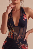 Mini robe cocktail bodycon à col nu fleur noir