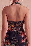 Mini robe cocktail bodycon à col nu fleur noir