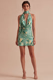 Robe mini cocktail bodycon fleurie à col nu vert clair