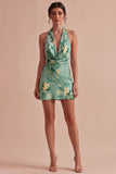 Robe mini cocktail bodycon fleurie à col nu vert clair