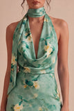 Robe mini cocktail bodycon fleurie à col nu vert clair